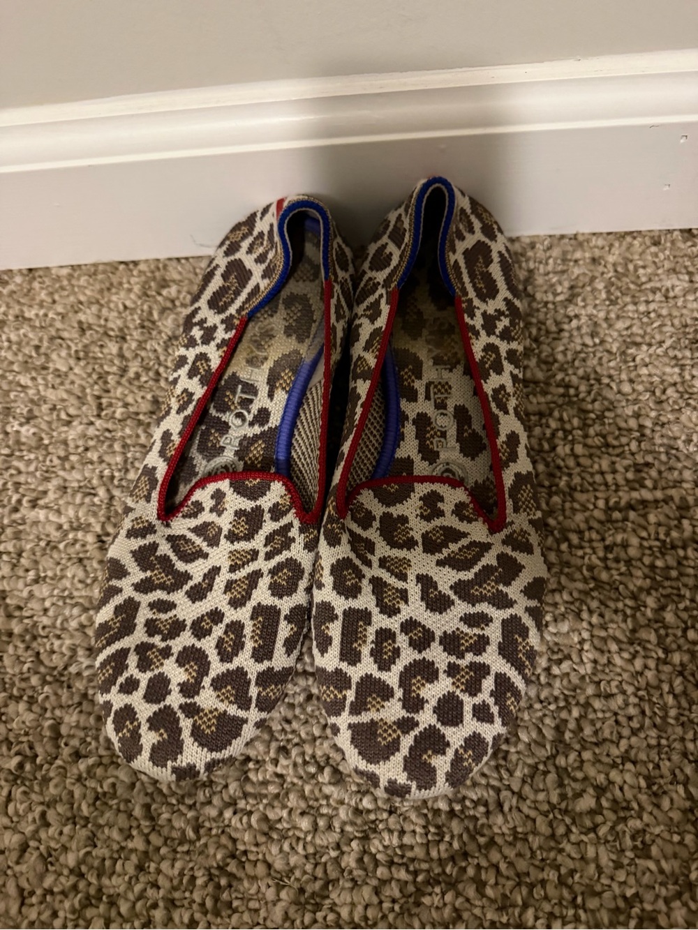 Rothy's Leopard Print Flats with Red Trim and Blue Lining